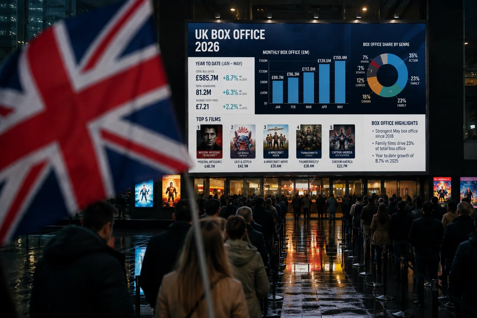 UK Box Office Report displayed on a cinema billboard outside a busy UK theatre.